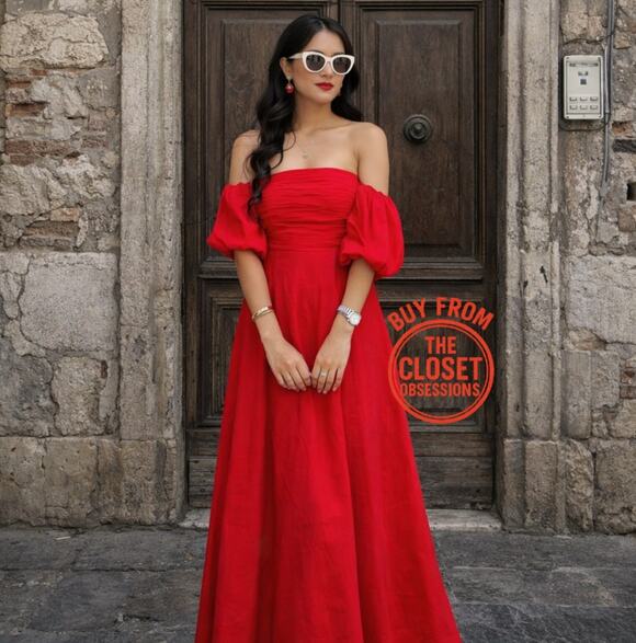 Mango Dresses & Skirts - Mango Red Poplin Midi Dress NWT Off Shoulder Puff Sleeve Cotton Size 6